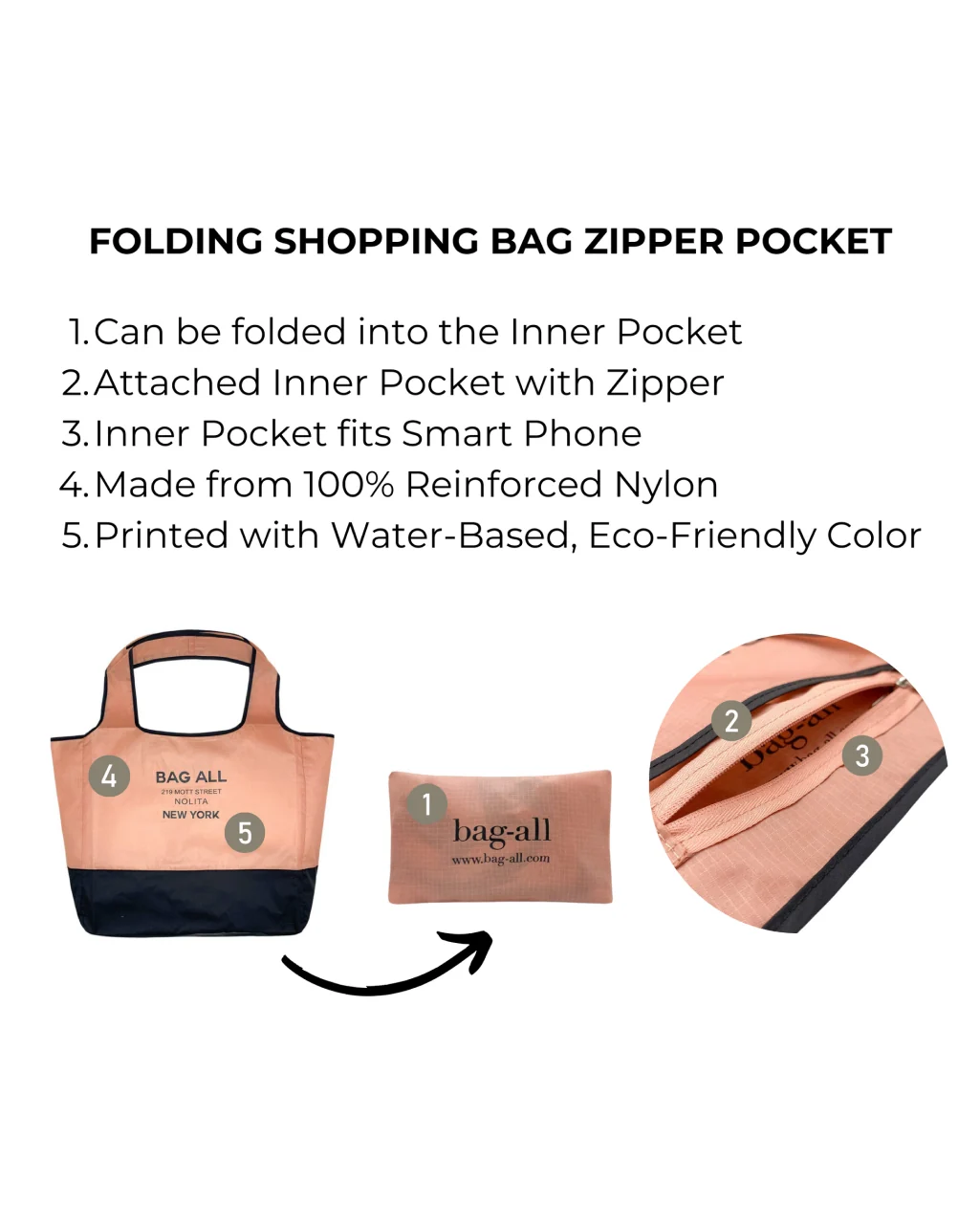 bag-all Folding Shopping Bag, Zipper Pocket Pouch - Image 4